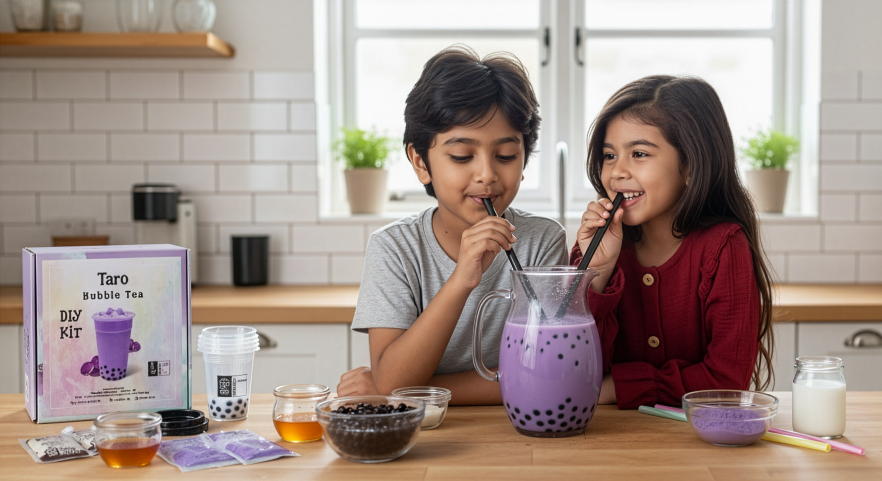 Two children making bubble tea with the BTS kit in a kitchen setting with ingredients and tools on the table.