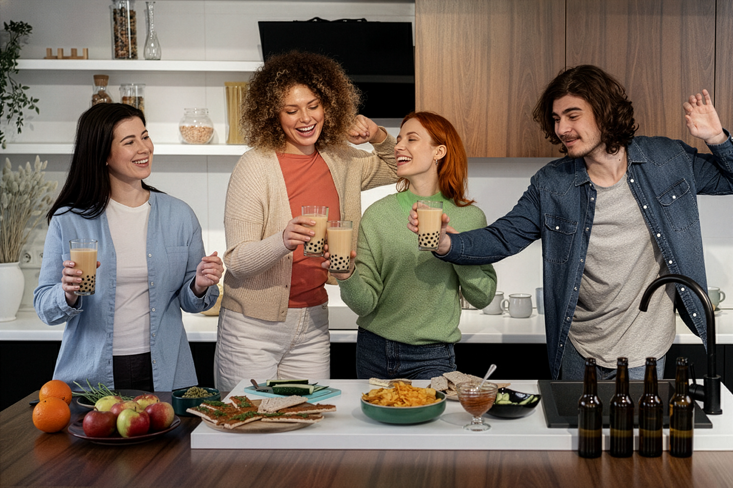 Four friends enjoying BTS drinks and snacks together in a kitchen.