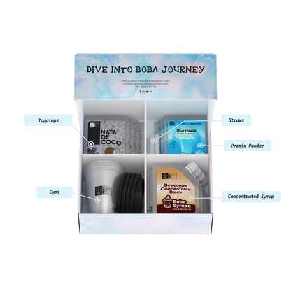 Display box with boba tea supplies including cups, syrups, and concentrates.