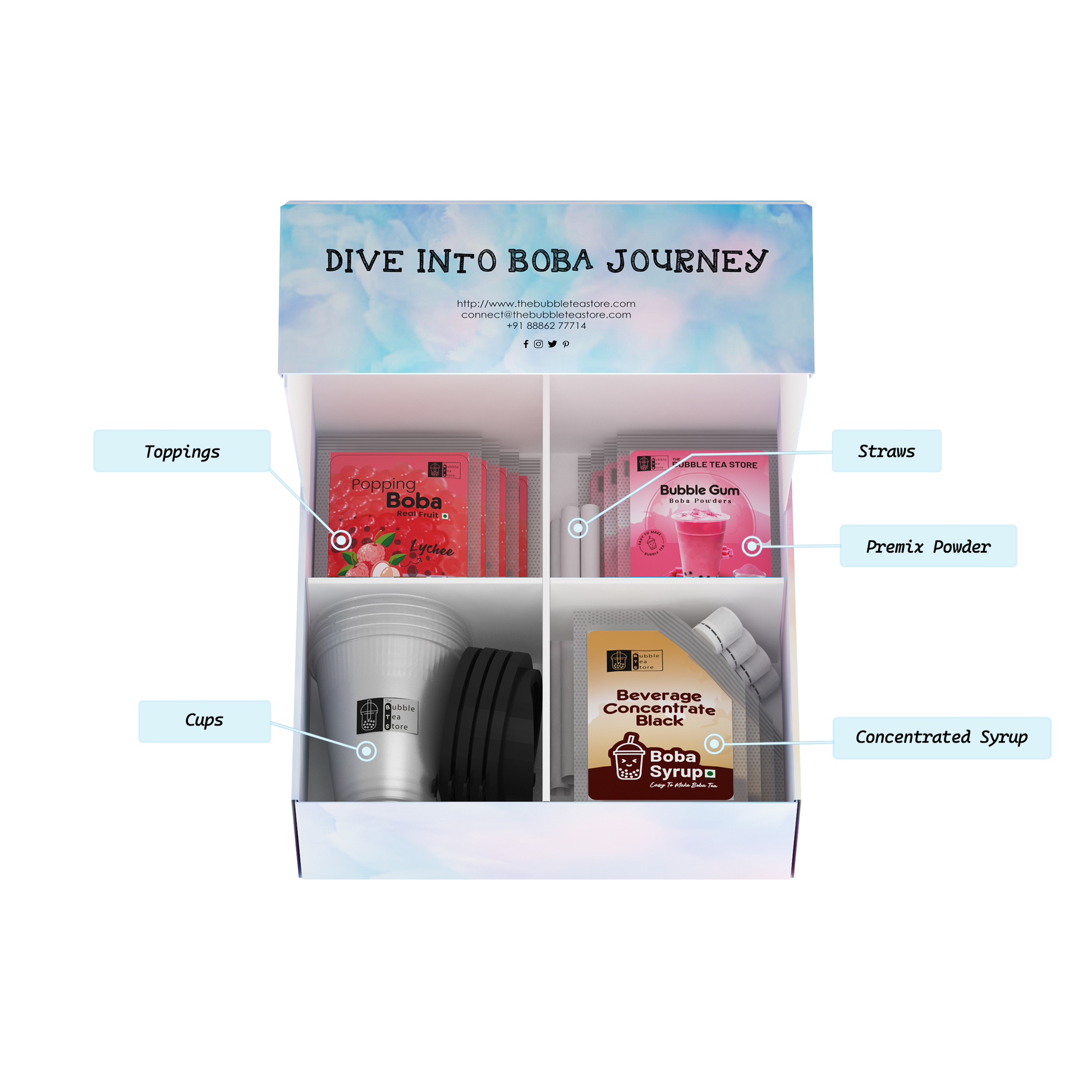 Boba tea kit packaging with labeled components on a white background