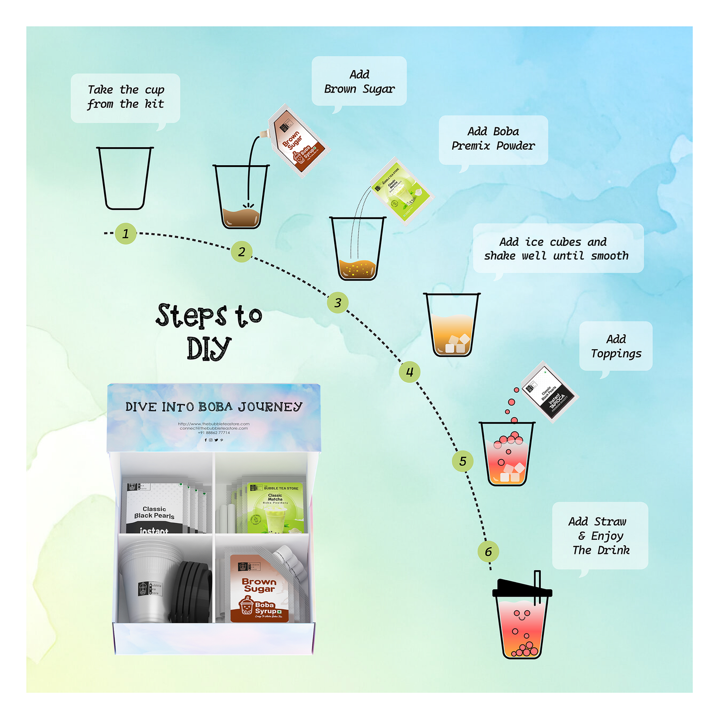 Step-by-step guide for making a boba drink with ingredients and tools displayed.
