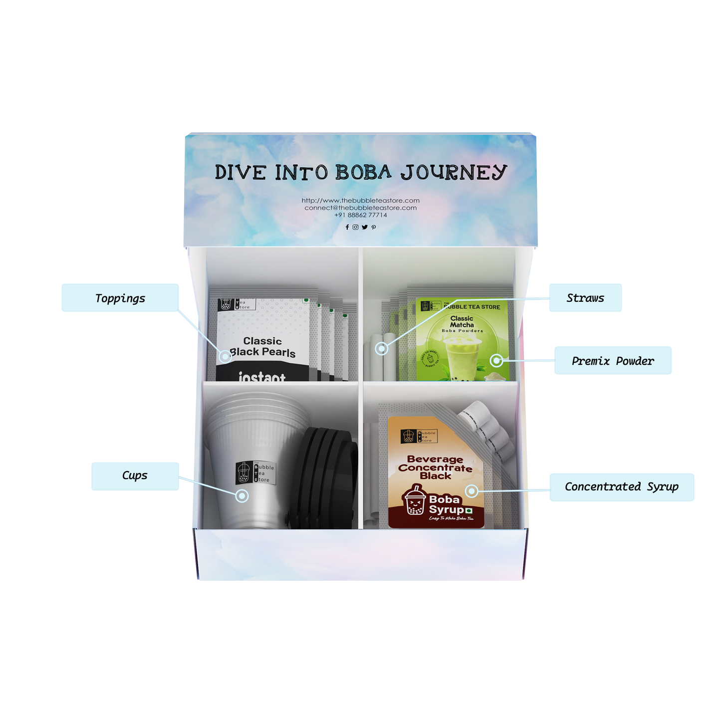 Display of boba tea supplies with labeled sections on a white background.
