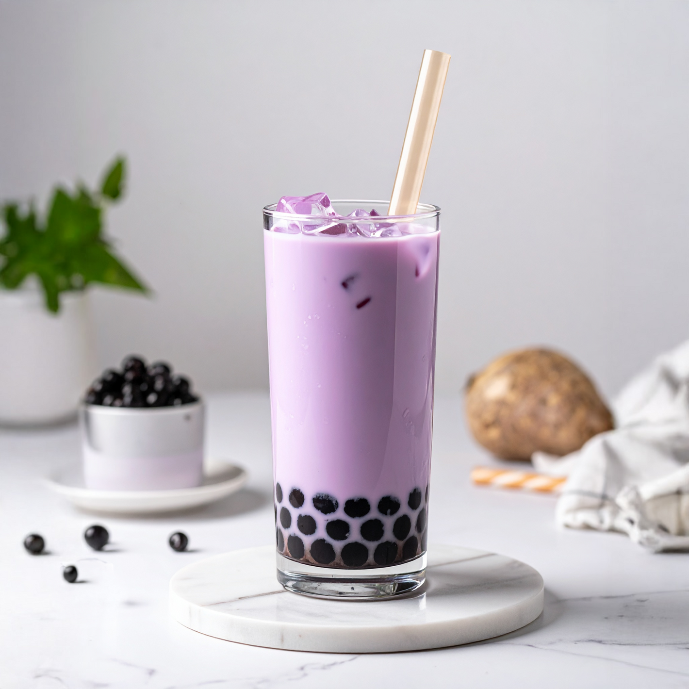 Glass of purple Taro bubble tea with a straw on a marble coaster, surrounded by black tapioca pearls and a plant.