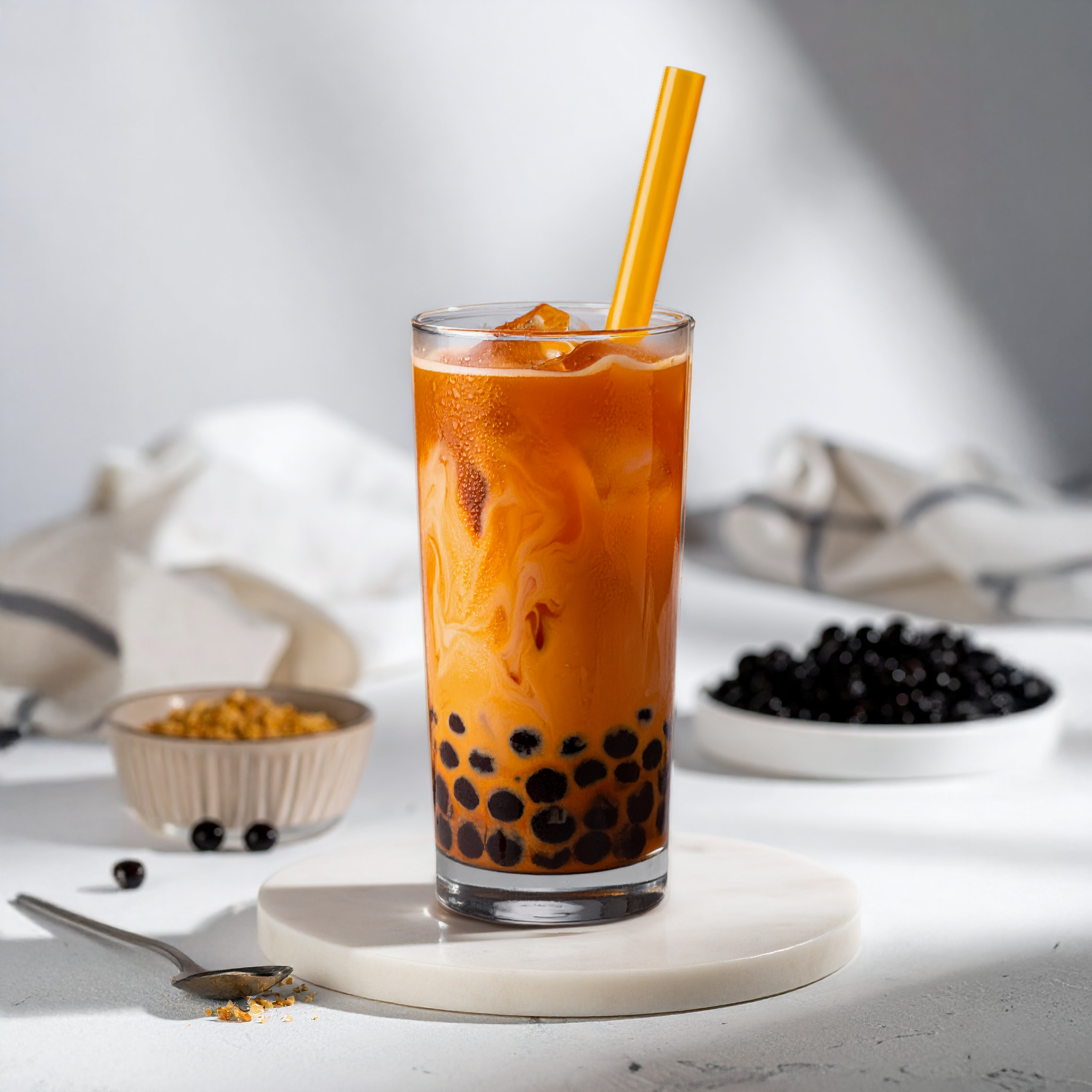 Glass of Thai bubble tea with a straw on a white surface with bowls of ingredients in the background.