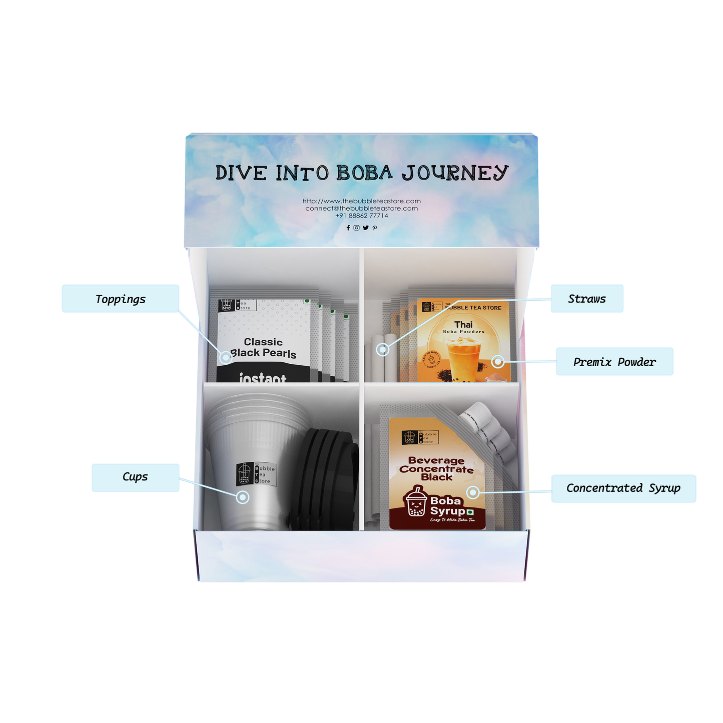 Product display with labeled items including cups, syrups, and other boba tea components.