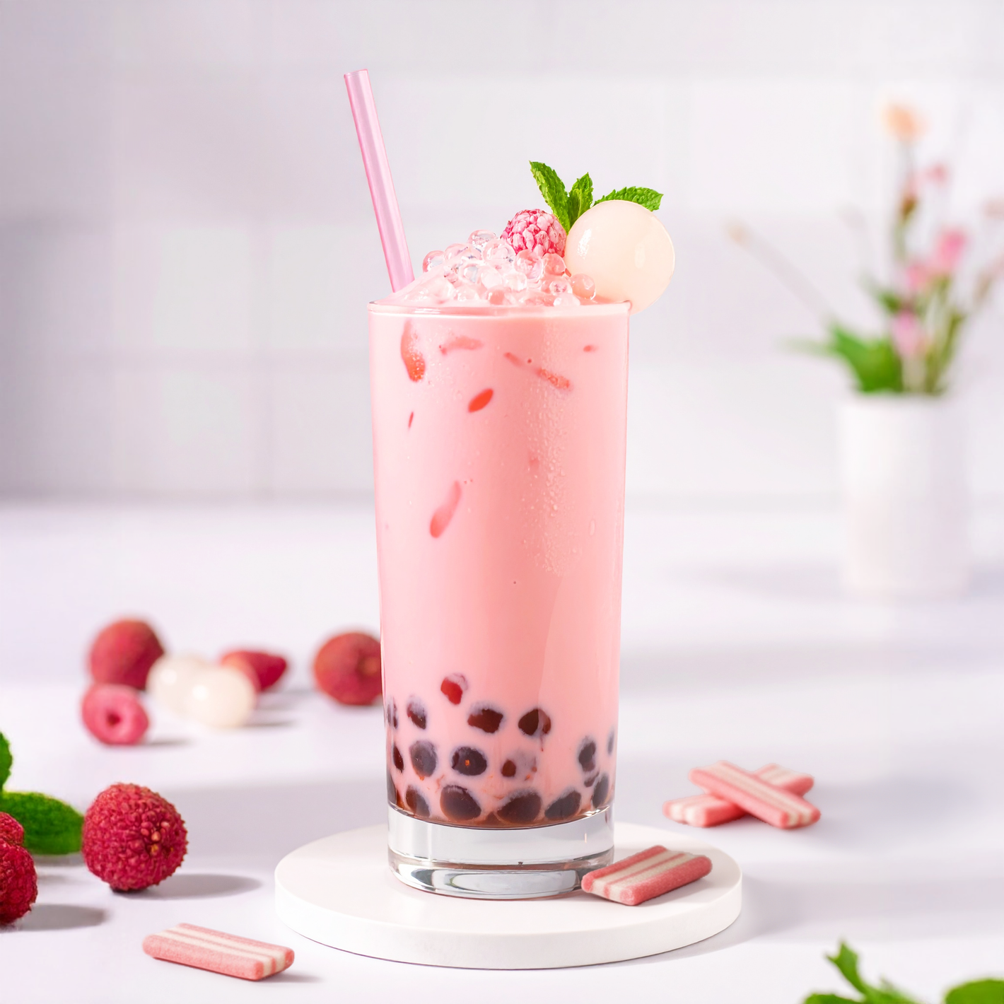 Pink bubblegum flavor bubble tea with a straw on a white surface with lychees, bubblegum and flowers in the background
