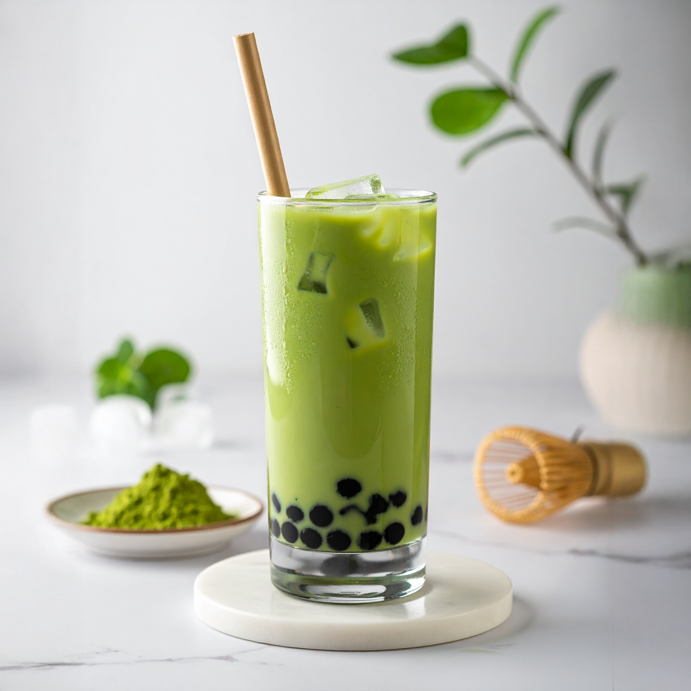 Green Matcha iced drink with boba in a glass on a white surface with a plant in the background