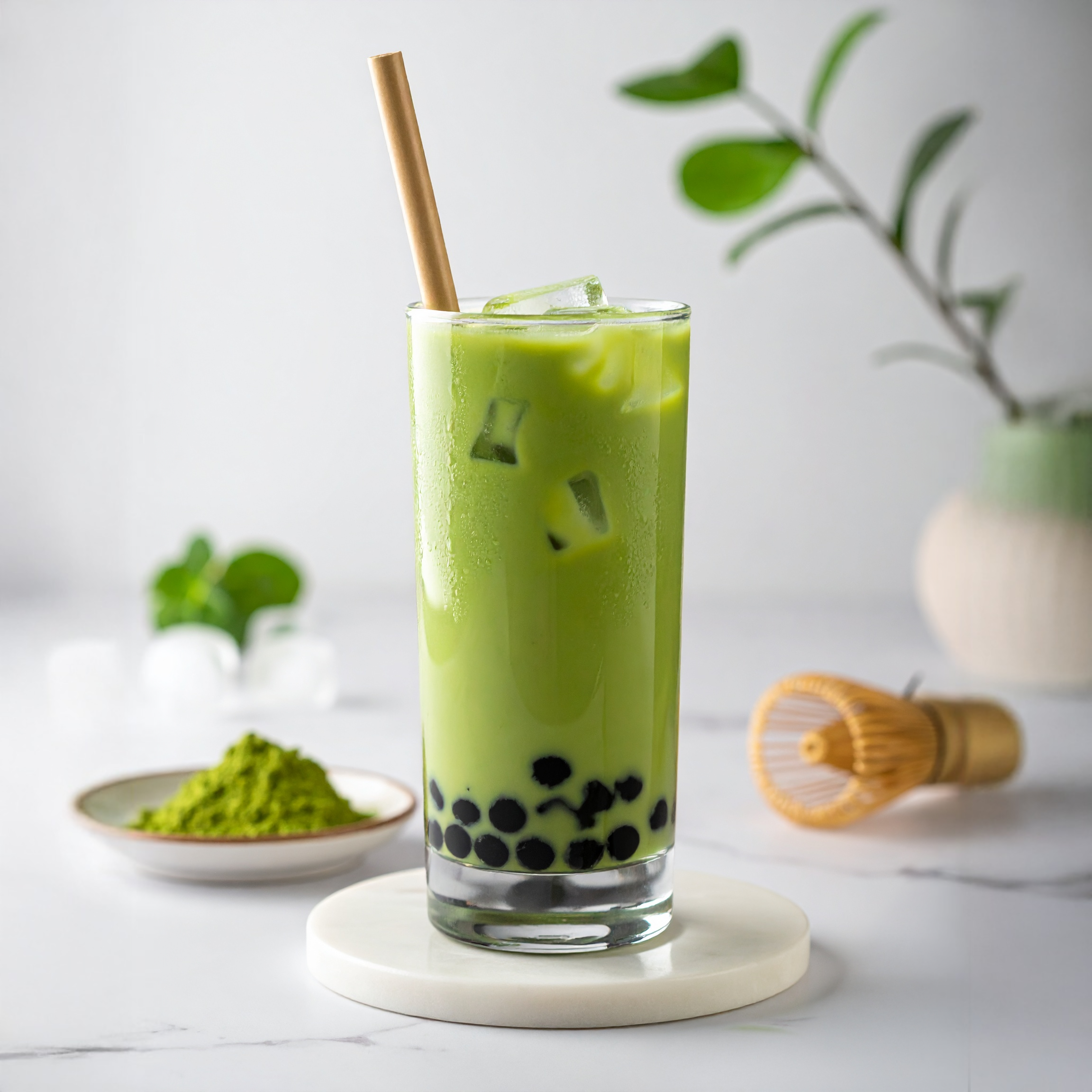 Green Matcha iced drink with boba in a glass on a white surface with a plant in the background