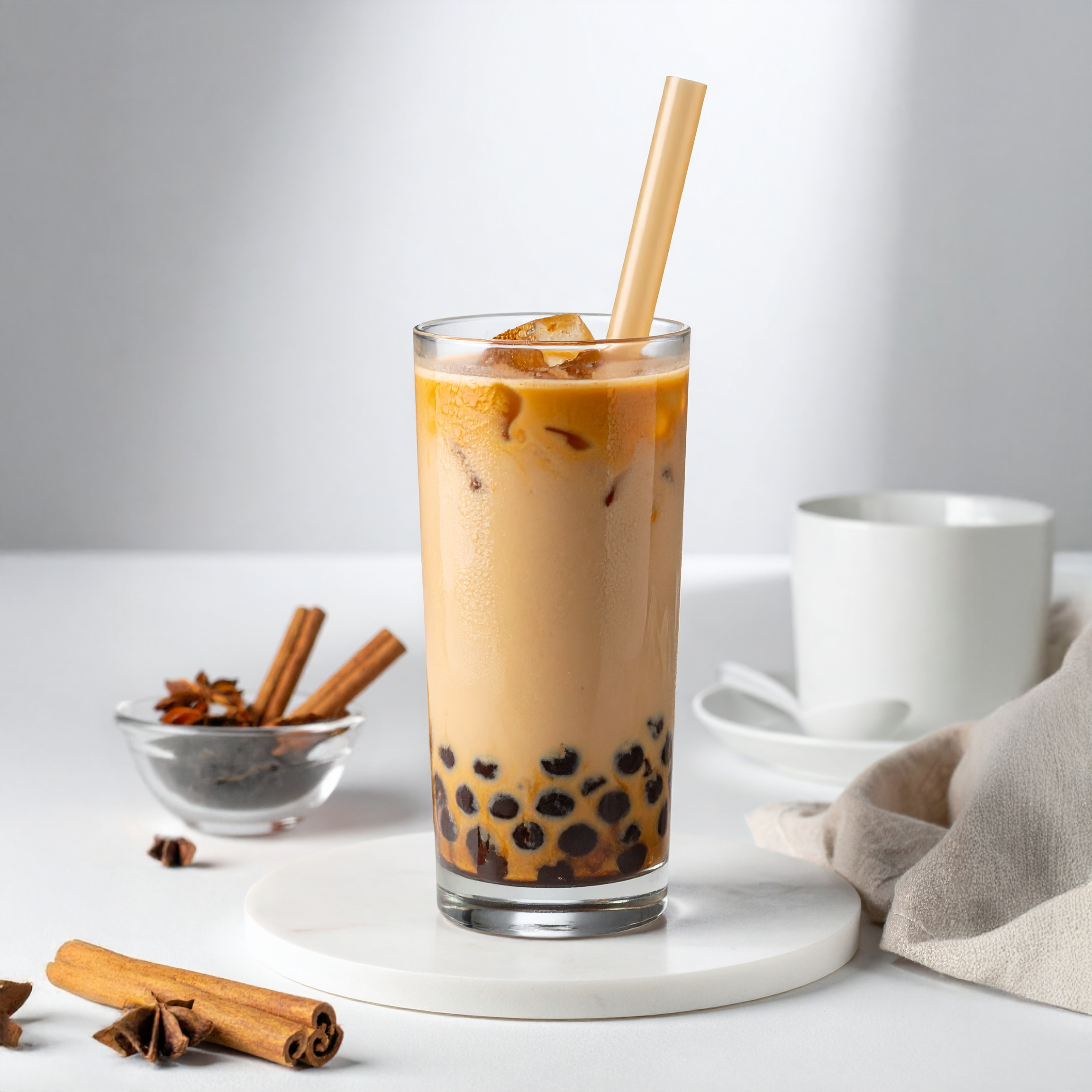 Glass of Spiced chai or tea with boba on a white surface with cinnamon sticks and a white cup in the background.